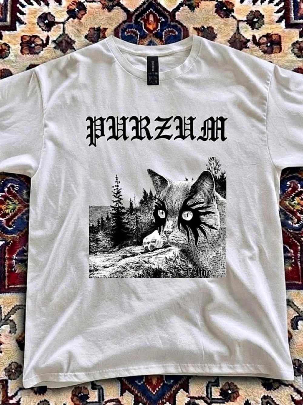 White Purrzum Cat Black Metal Parody T-Shirt Graphic